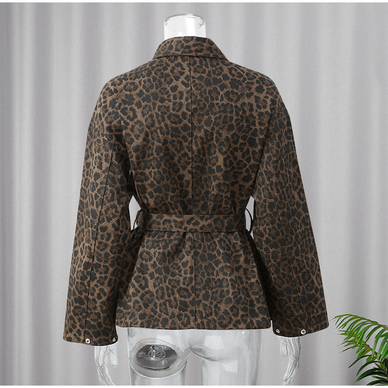Leopar Desenli Denim Ceket