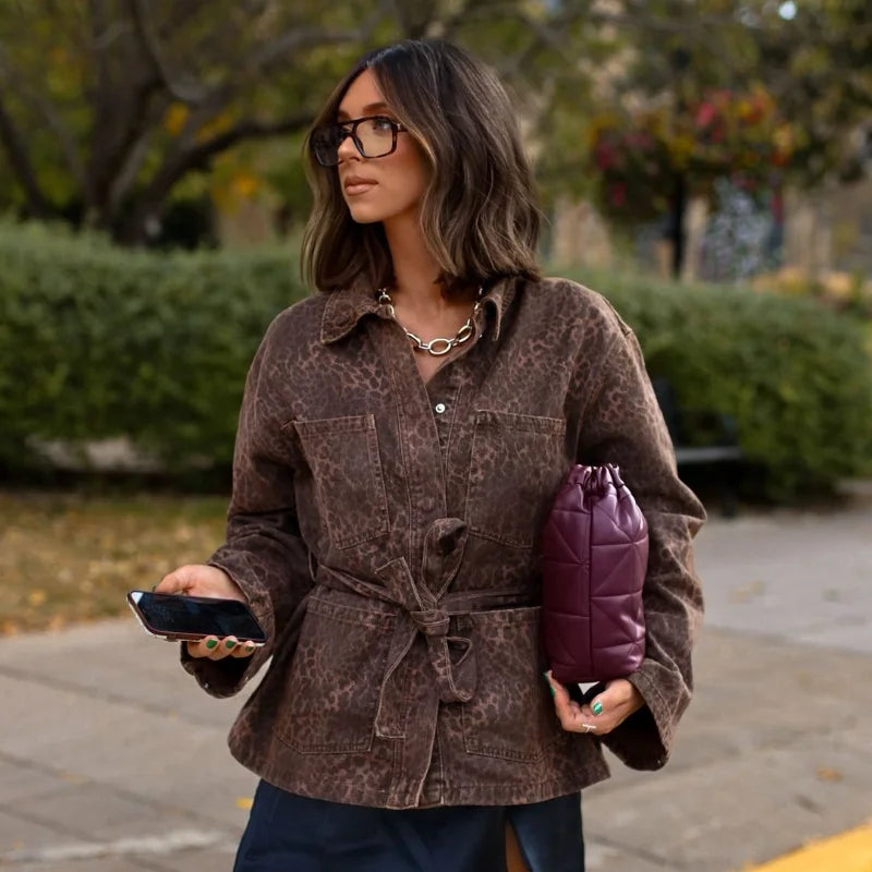 Leopar Desenli Denim Ceket
