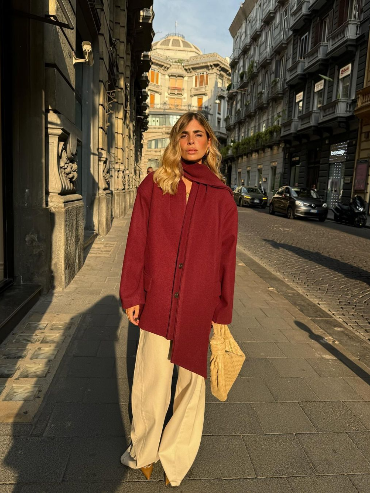 Şal Yaka Şık Bordo Oversize Ceket - Sıcacık ve Şık Kışlık Stil