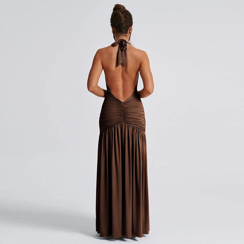 Halter Yaka Drape Detaylı Maxi Elbise