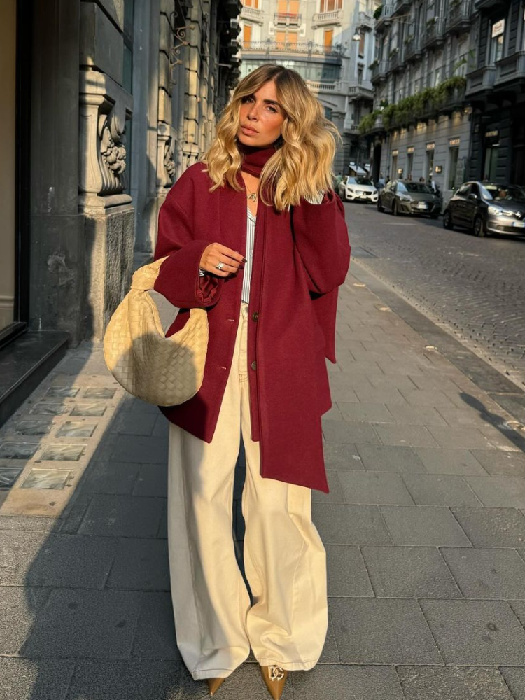 Şal Yaka Şık Bordo Oversize Ceket - Sıcacık ve Şık Kışlık Stil