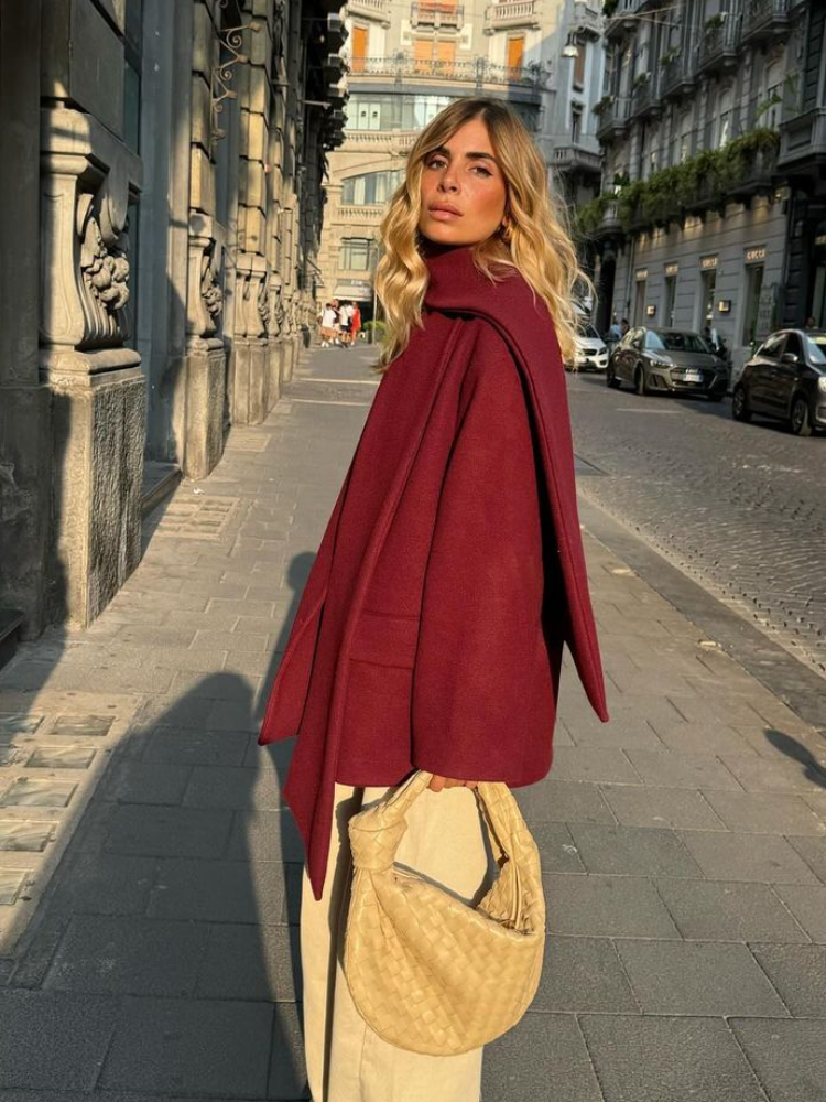 Şal Yaka Şık Bordo Oversize Ceket - Sıcacık ve Şık Kışlık Stil
