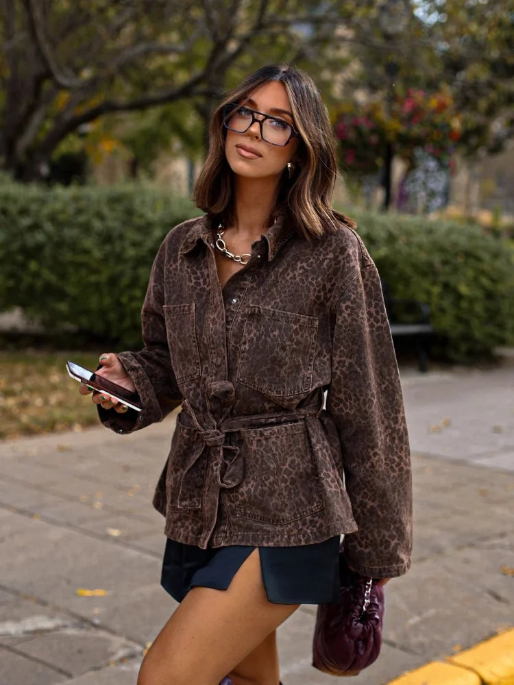 Leopar Desenli Denim Ceket