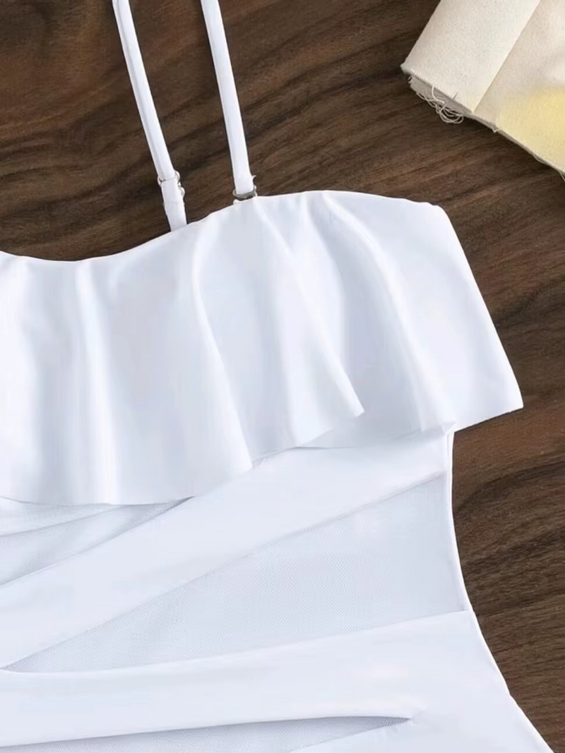 Tek Omuz Tül Detaylı Siyah Mayo