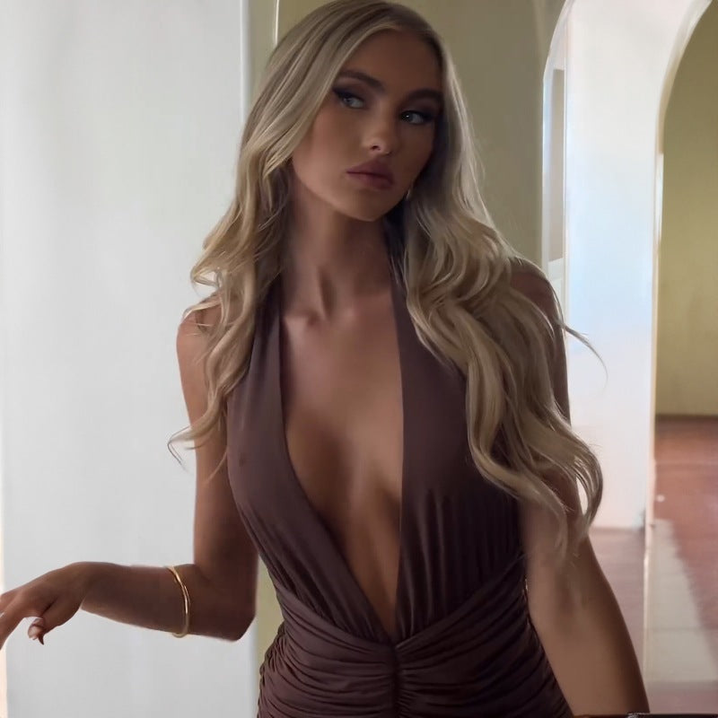 Halter Yaka Drape Detaylı Maxi Elbise