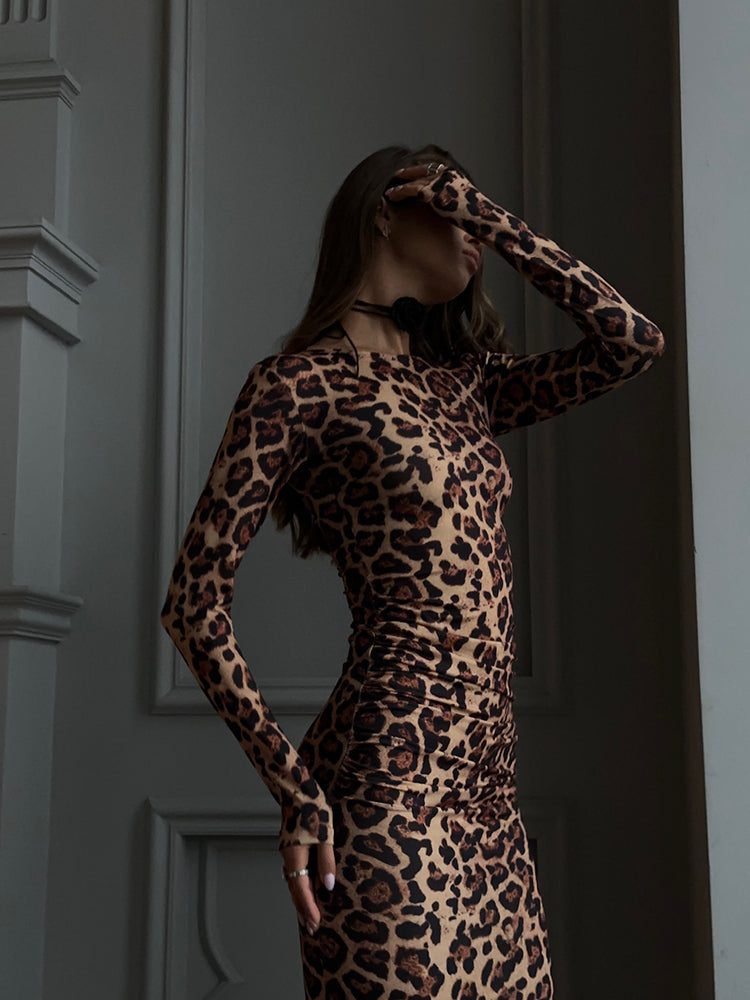 Leopar Desenli Midi Elbise