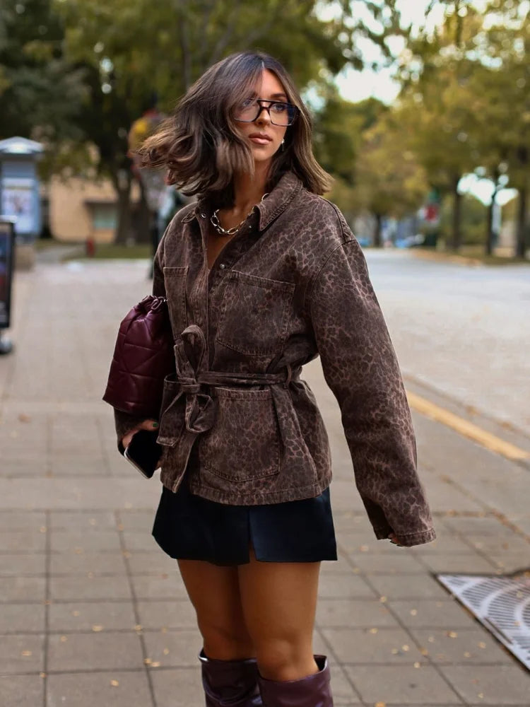 Leopar Desenli Denim Ceket