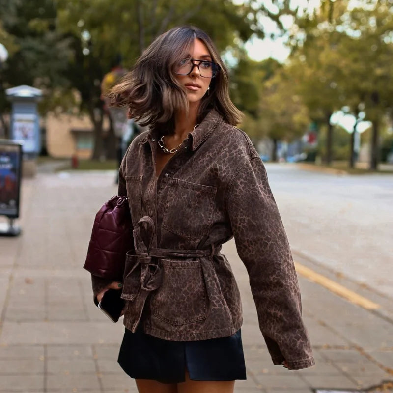 Leopar Desenli Denim Ceket