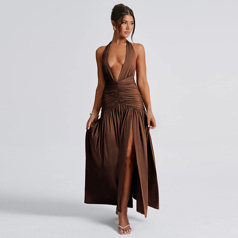 Halter Yaka Drape Detaylı Maxi Elbise